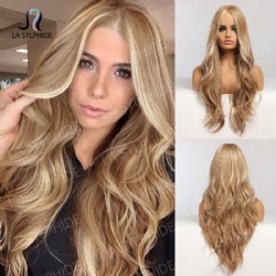 Full head set high temperature silk hair middle parting natural curly hair brown pick dye golden wig