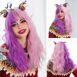 Cosplay holiday wig colorful pink wig female chemical fiber Christmas bangs long curly hair high temperature silk headgear Wig