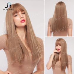 Long straight hair air bangs brown high temperature silk headgear wigs