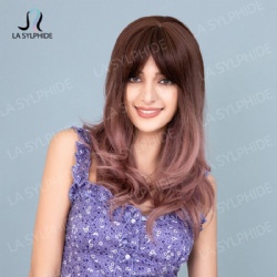 Long curly hair with center parting bangs Brown gradient smoke pink