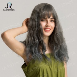 Bangs medium parting long curly hair hairhair high temperature silk wigs headgear gray gradient blue