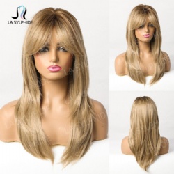 Eight bangs blonde gradient long straight hair wigs