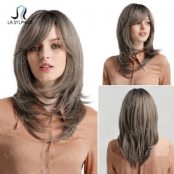 Medium-length oblique bangs wig women's chemical fiber mechanism headgear black gradient gray