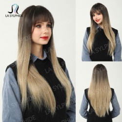 Long Straight Hair with Air Bangs Black Gradient Blonde