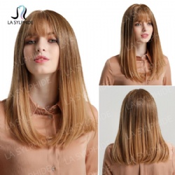 Brown blonde gradient medium length straight hair with bangs and chemical fiber hair