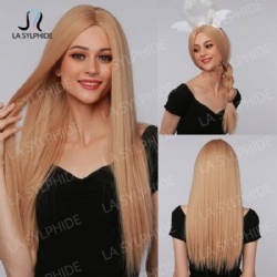 Golden women's wig medium part long straight hair without bangs