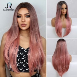 Brown Gradient Pink Medium Part Long Straight Hair without Bangs