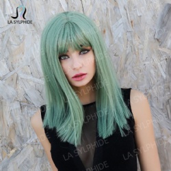 Grass green long straight hair with bangs and collarbone