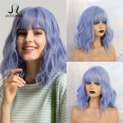 Air bangs short curly hair cosplay blue and purple bobo head wig
