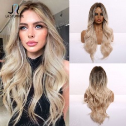 Middle part no bangs long curly hair brown golden gradient foreign trade wig female cross-border Europe and the United States wig high temperature silk