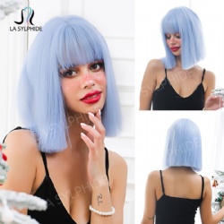 Fluorescent blue wig female Hair Cosplay wig bangs bob short straight hair