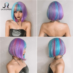 Cosplay color BOBO head Europe and the United States wig bangs female Hair blue purple pink yellow mixed color mechanism head set Wigs