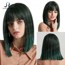 Cyan gradient green ladies cross-border Europe and the United States wig chemical fiber mechanism wig head cover Qi bangs bobo straight hair