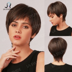 Straight short hair with oblique bangs dark brown wig