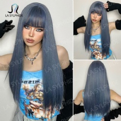 Long straight hair with blue bangs