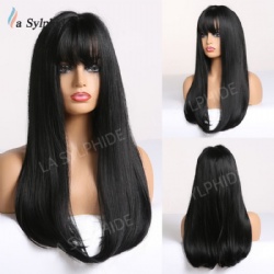 1B black partial bangs wig female Hair Europe and America mechanism long curly hair Wigs chemical fiber full head cover manufacturers