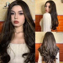 Wigs Long curly hair with center parting bangs chemical fiber Hair simulation brown