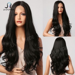 T part Lace wig black long wavy synthetic fiber for women