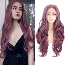 Female T-shaped front lace wig Purple long curly hair chemical fiber wave wig full head cover wig