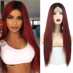 Gradient black wine red long straight hair wig front lace wig chemical fiber headgear wigs