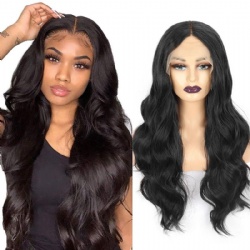 13*4 front lace middle point big wave long curly hair black wigs chemical fiber full headgear
