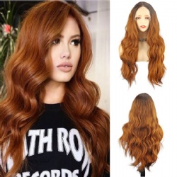 Large wave long curly hair front lace wig gradient color chemical fiber headgear wigs