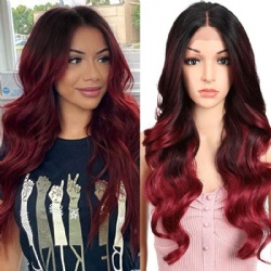 Front lace middle part gradient black red big wave long curly hair chemical fiber wig headgear wig