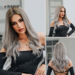 Lace split woven long curly hair silver gray T-zone hand hook wig female Hair chemical fiber full headgear 5*1cmWigs