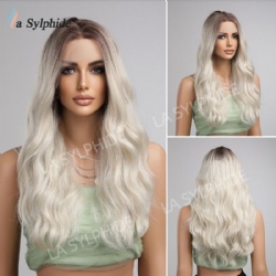 Middle Gradient Beige White Highlighting Front Lace Hand Woven Small T Long Curly Hair Hair European and American Wigs Wigs