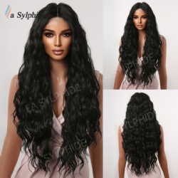 Medium long curly hair black small curly front lace small T1*5 medium long curly hair domestic silk high temperature silk wig female