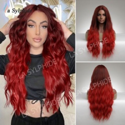 Black gradient red small curly Qi bangs long curly hair ladies chemical fiber wig headgear hair